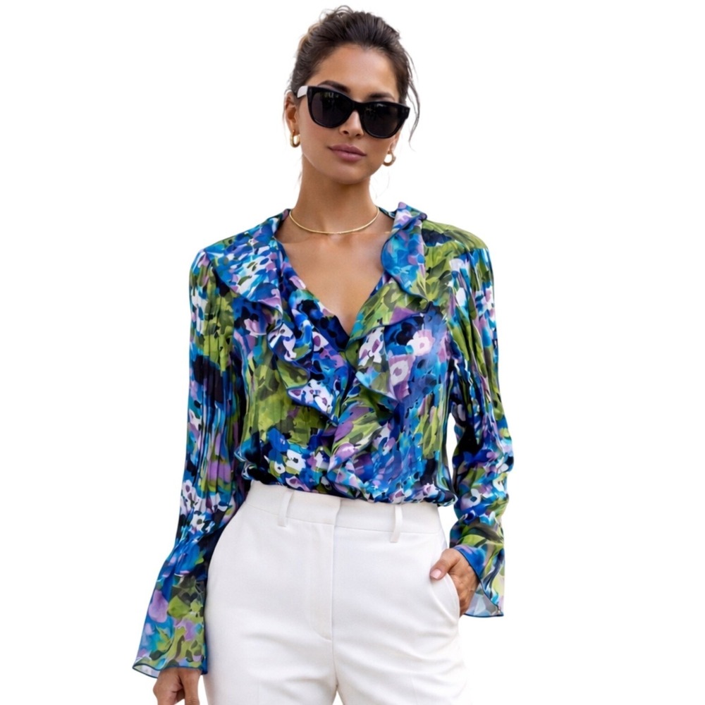 Sunny Leigh M Blue Green Floral Ruffle‎ Blouse Sheer Long Sleeve Statement Top - Picture 6 of 6